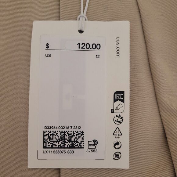 COS 12 New Wide Leg Relaxed Trouser Pleated Front Pants Neutral Beige Minimalist - Picture 3 of 14